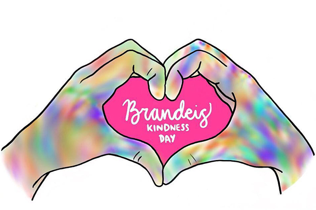 Kindness Day logo: Two rainbow colored hands come together to create a heart out of bold pink negative space. In the space are the words "Brandeis Kindness Day"